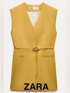 ZARA Mustard Yellow Sleeveless Tailored Blazer/Vest with Belt - Size XS - NEW